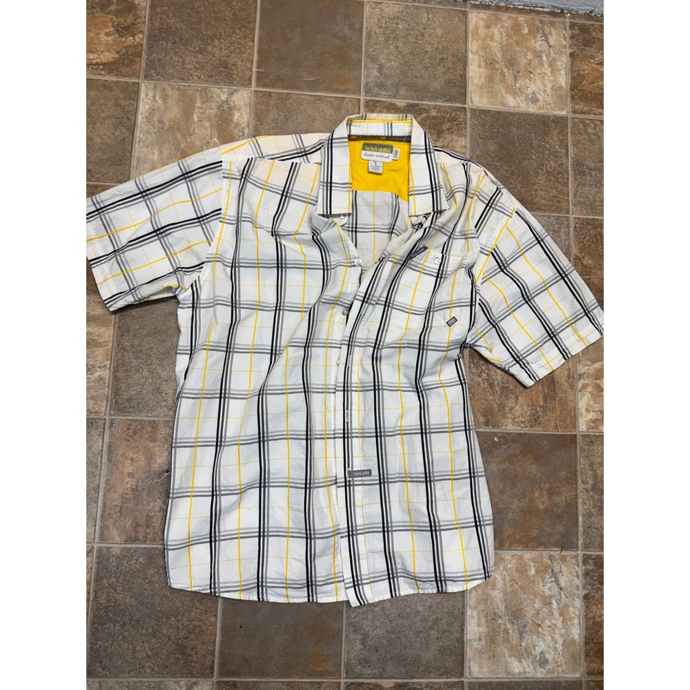 Ecko Unltd Mens Short Sleeve Button Up Shirt Plaid White Yellow Black Size L